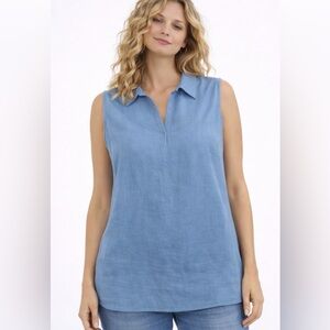 $110 Neiman Marcus Sleeveless Linen Collared Tunic Top Denim Blue XL NWT